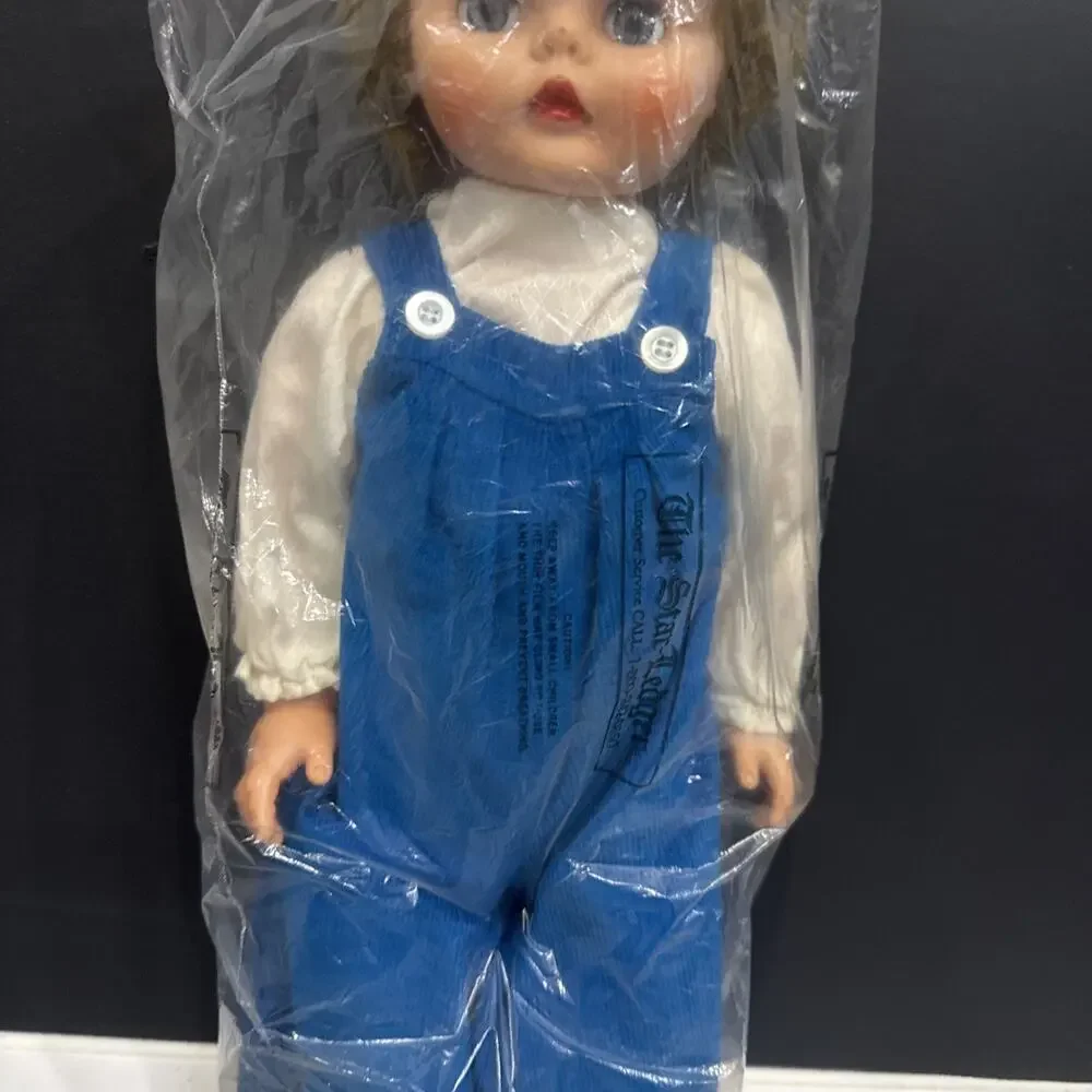 Vintage 19” Hard Plastic Blonde Girl Blue Jumper Overall Outfit *